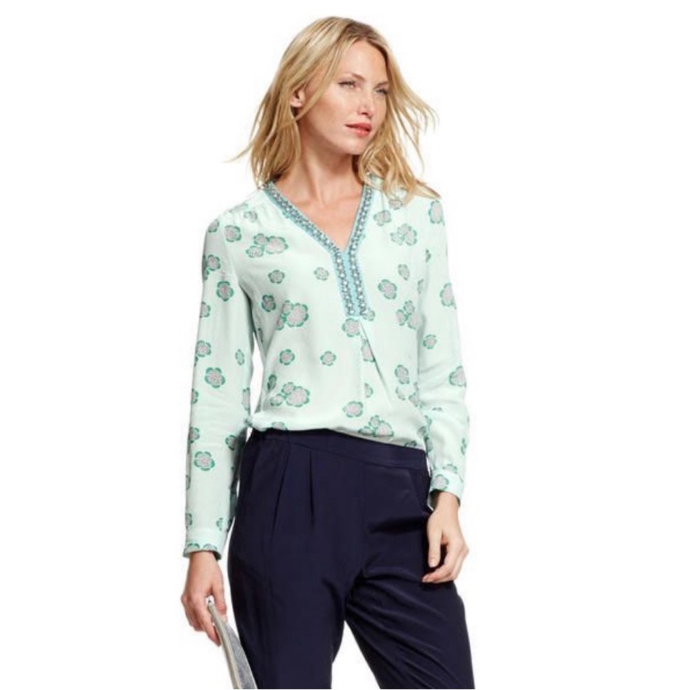 Boden Jewel Embellished Neckline Top Metallic Preppy Modern Floral Soft Girl Fun
